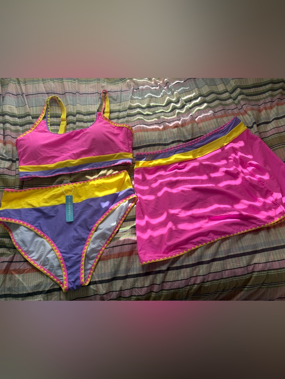 🌟 NWT Popvil Sporty Color-Block 3-Piece Bikini & Swim Skirt Set, XXL, $30